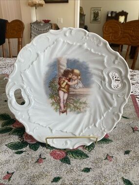 Antique Handled Cake Plate Romantic Boy Girl Romeo & Juliet 9 1/2”